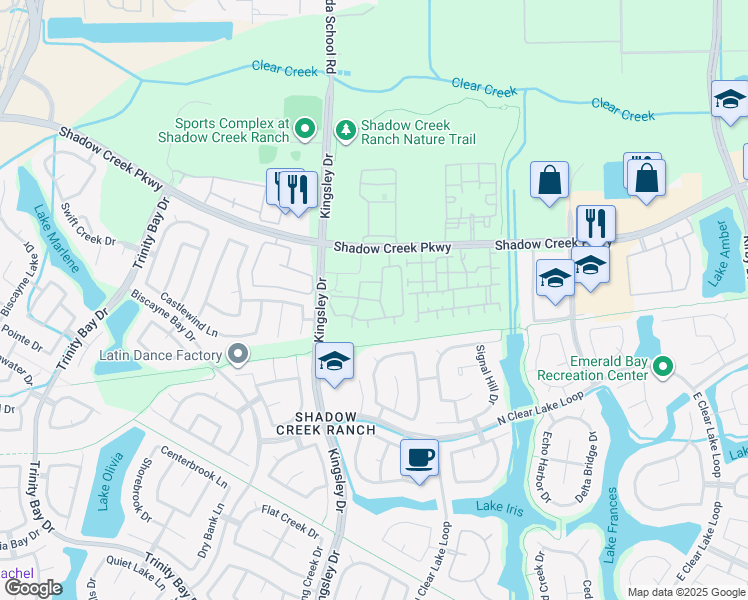 map of restaurants, bars, coffee shops, grocery stores, and more near 2101 Kingsley Drive in Pearland