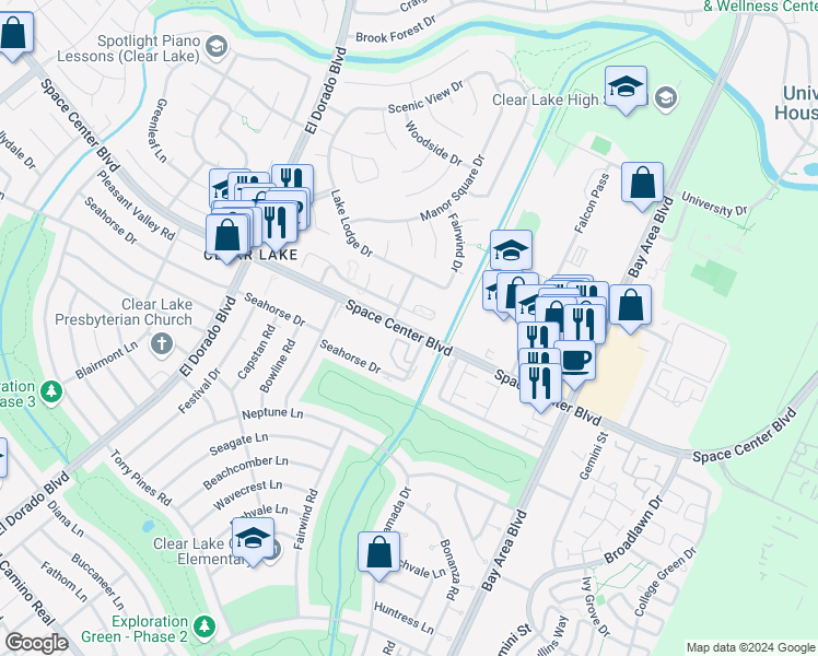 map of restaurants, bars, coffee shops, grocery stores, and more near 15901 Space Center Boulevard in Houston