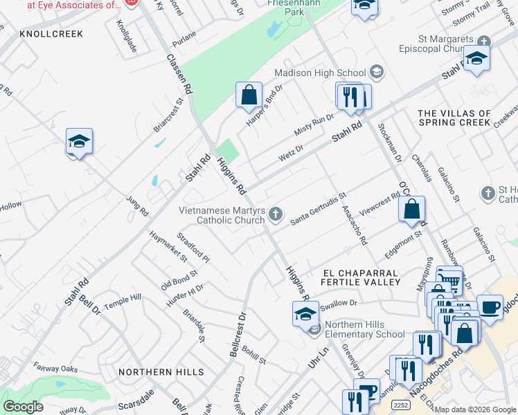 map of restaurants, bars, coffee shops, grocery stores, and more near 4522 Adanac Court in San Antonio