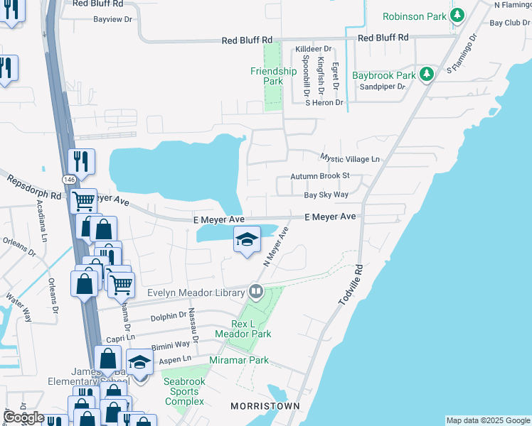map of restaurants, bars, coffee shops, grocery stores, and more near 2400 North Meyer Road in Seabrook