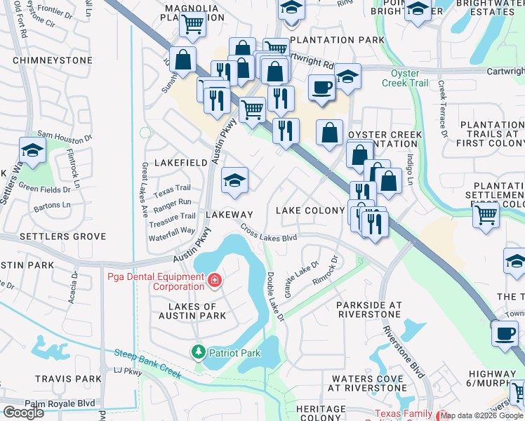 map of restaurants, bars, coffee shops, grocery stores, and more near 2838 Double Lake Drive in Missouri City