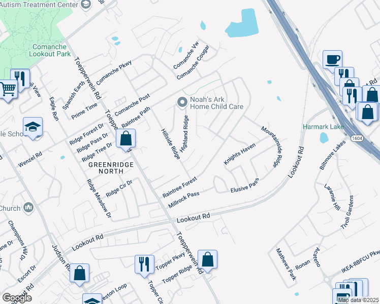 map of restaurants, bars, coffee shops, grocery stores, and more near 14622 Highland Ridge in San Antonio