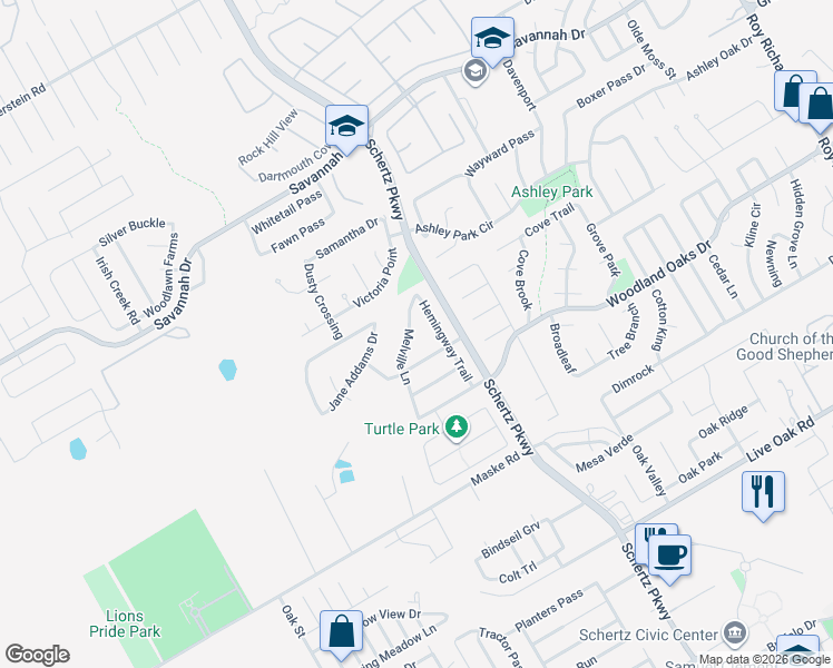 map of restaurants, bars, coffee shops, grocery stores, and more near 2517 Hemingway Trail in Schertz