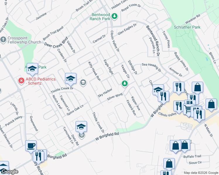 map of restaurants, bars, coffee shops, grocery stores, and more near 120 Wright Landing in Cibolo