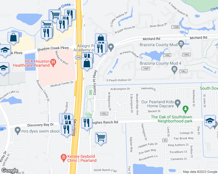 map of restaurants, bars, coffee shops, grocery stores, and more near 2603 North Brompton Drive in Pearland