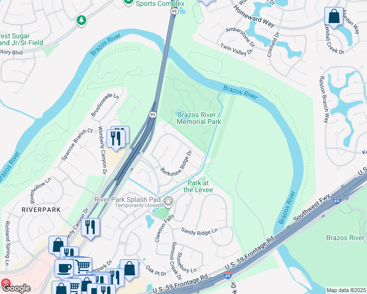 map of restaurants, bars, coffee shops, grocery stores, and more near 2103 Hill Canyon Court in Sugar Land