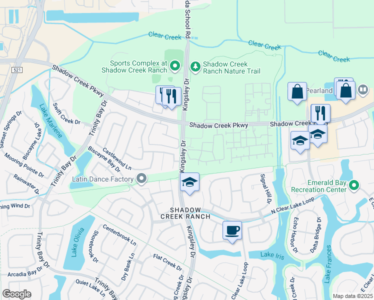 map of restaurants, bars, coffee shops, grocery stores, and more near 2101 Kingsley Drive in Pearland
