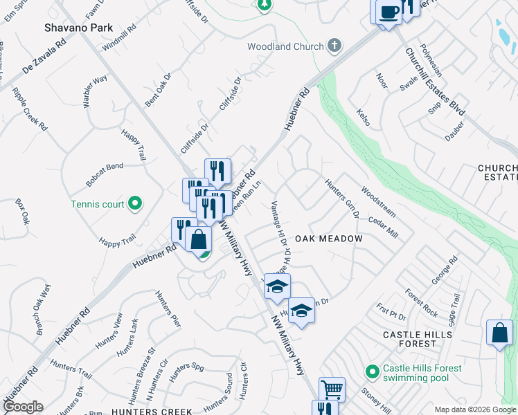 map of restaurants, bars, coffee shops, grocery stores, and more near 2922 Green Run Lane in San Antonio