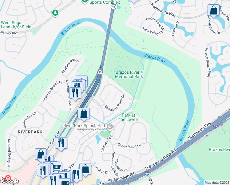 map of restaurants, bars, coffee shops, grocery stores, and more near 2019 Canyon Crest Drive in Sugar Land