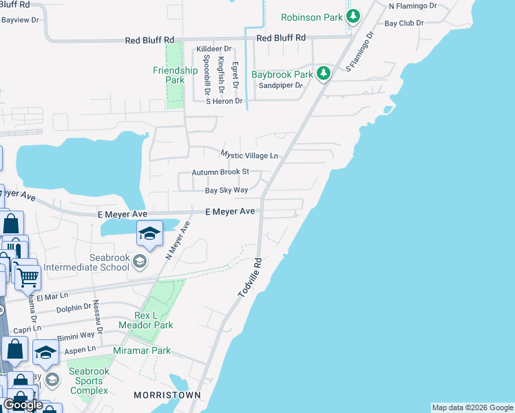 map of restaurants, bars, coffee shops, grocery stores, and more near 3514 Todville Road in Seabrook