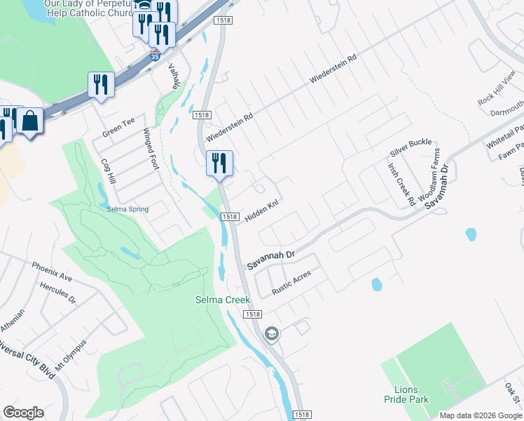 map of restaurants, bars, coffee shops, grocery stores, and more near Hidden Knoll in Selma