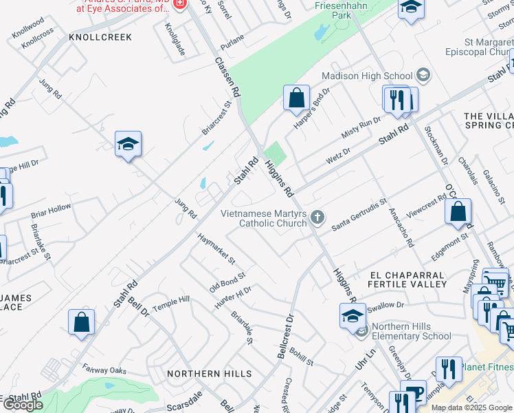 map of restaurants, bars, coffee shops, grocery stores, and more near 4438 Stahl Road in San Antonio