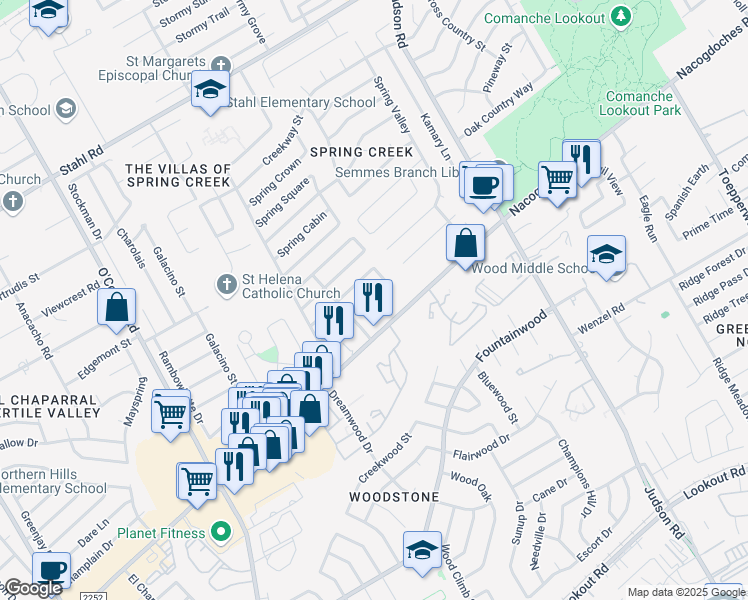 map of restaurants, bars, coffee shops, grocery stores, and more near 5730 Spring Moon Street in San Antonio
