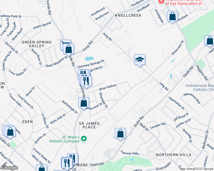 map of restaurants, bars, coffee shops, grocery stores, and more near 3923 Briar Hollow in San Antonio