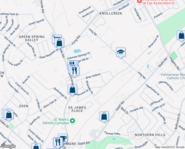 map of restaurants, bars, coffee shops, grocery stores, and more near 3923 Briar Hollow in San Antonio