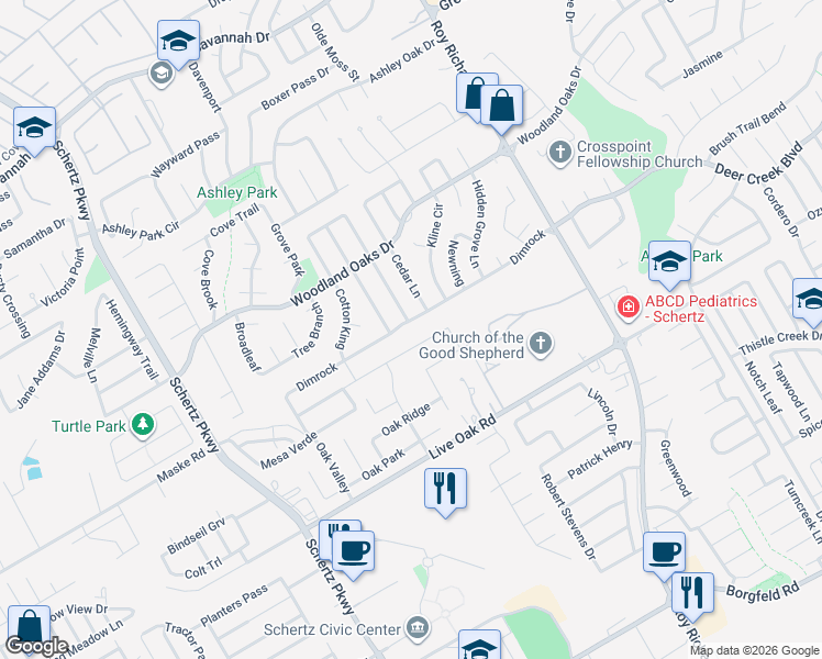 map of restaurants, bars, coffee shops, grocery stores, and more near 1020 Dimrock in Schertz