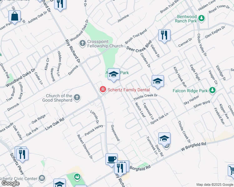 map of restaurants, bars, coffee shops, grocery stores, and more near 1112 Morningmist Lane in Schertz