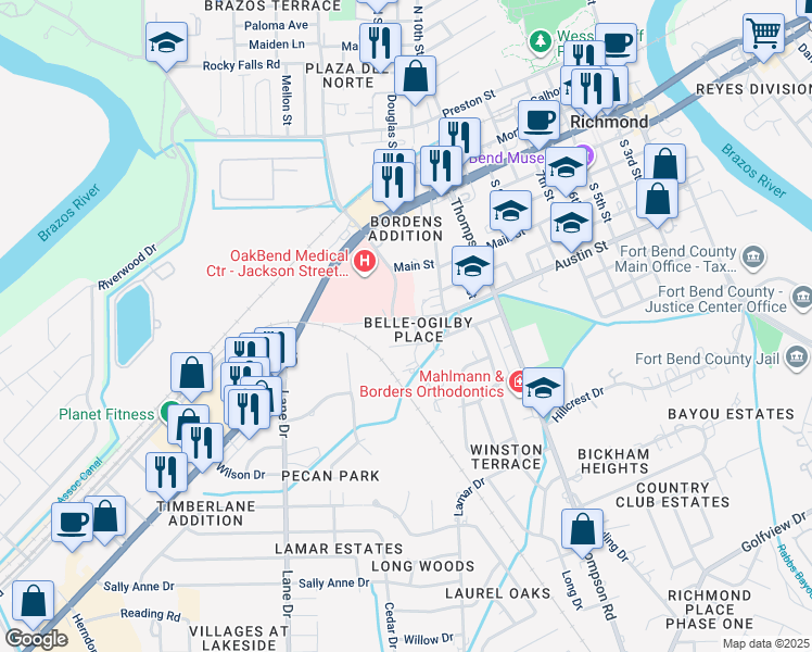map of restaurants, bars, coffee shops, grocery stores, and more near 1530 Austin Street in Richmond