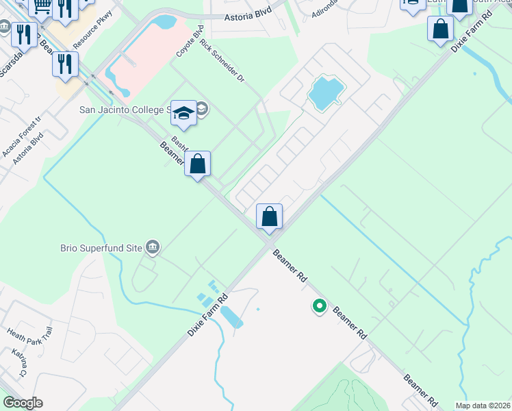 map of restaurants, bars, coffee shops, grocery stores, and more near 12430 Oriole Lake Way in Houston