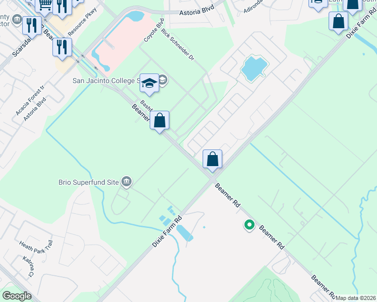 map of restaurants, bars, coffee shops, grocery stores, and more near 12430 Oriole Lake Way in Houston