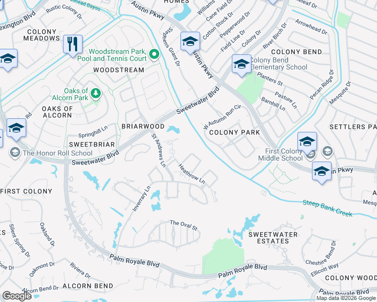 map of restaurants, bars, coffee shops, grocery stores, and more near 24 Scotsmoor Court in Sugar Land