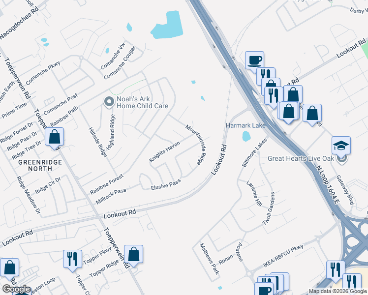 map of restaurants, bars, coffee shops, grocery stores, and more near 7118 Knights Haven in San Antonio