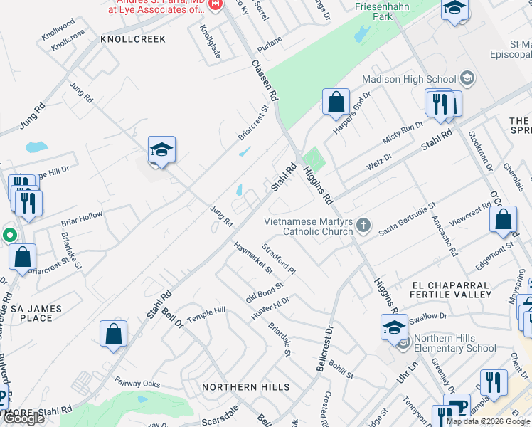 map of restaurants, bars, coffee shops, grocery stores, and more near 4456-4512 Stahl Road in San Antonio