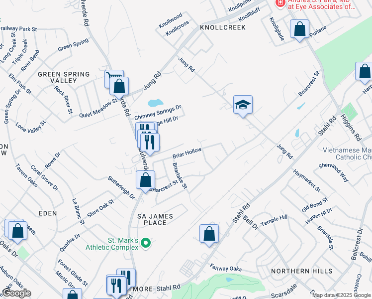 map of restaurants, bars, coffee shops, grocery stores, and more near 3923 Briar Hollow in San Antonio
