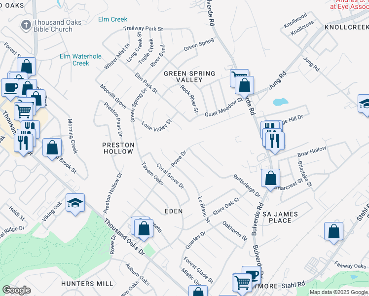 map of restaurants, bars, coffee shops, grocery stores, and more near 14303 Rowe Drive in San Antonio