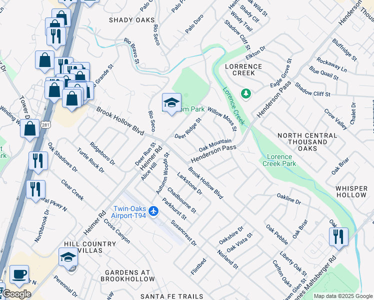 map of restaurants, bars, coffee shops, grocery stores, and more near 14615 Mountain Wood Street in San Antonio