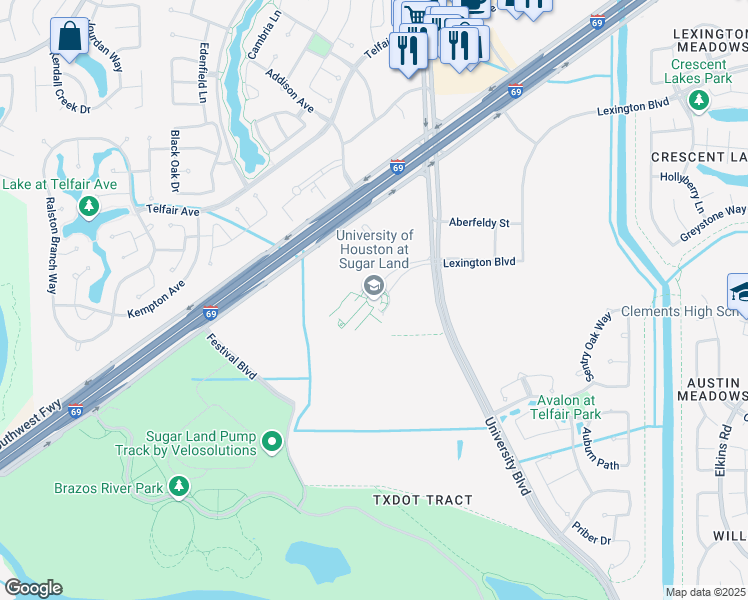 map of restaurants, bars, coffee shops, grocery stores, and more near 14000 University Boulevard in Sugar Land