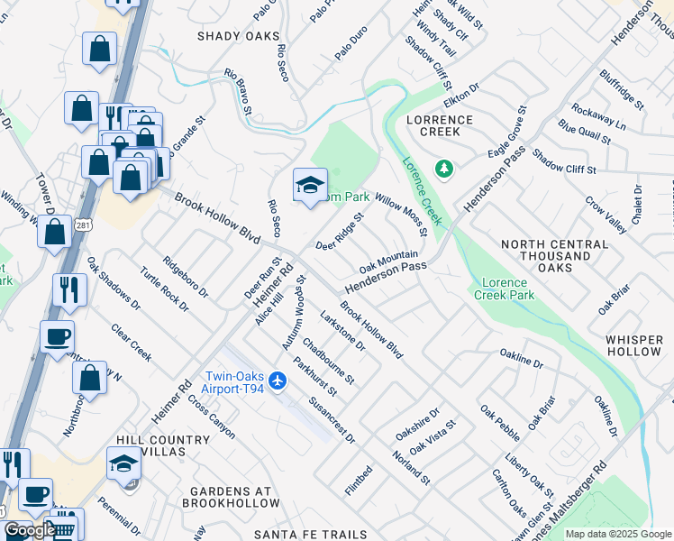 map of restaurants, bars, coffee shops, grocery stores, and more near 14615 Mountain Wood Street in San Antonio