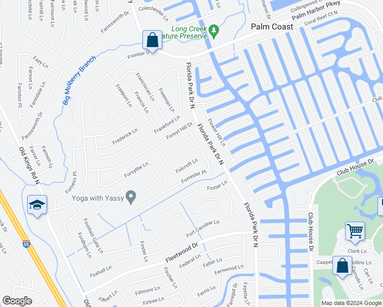 map of restaurants, bars, coffee shops, grocery stores, and more near 9 Fordney Place in Palm Coast