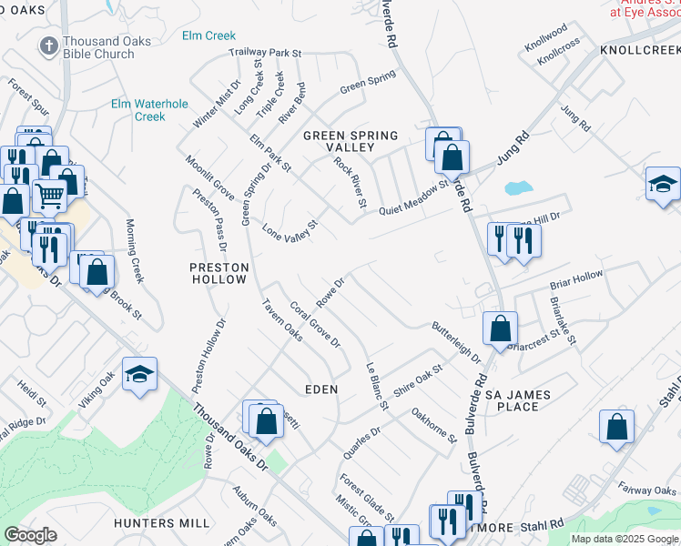map of restaurants, bars, coffee shops, grocery stores, and more near 14303 Rowe Drive in San Antonio