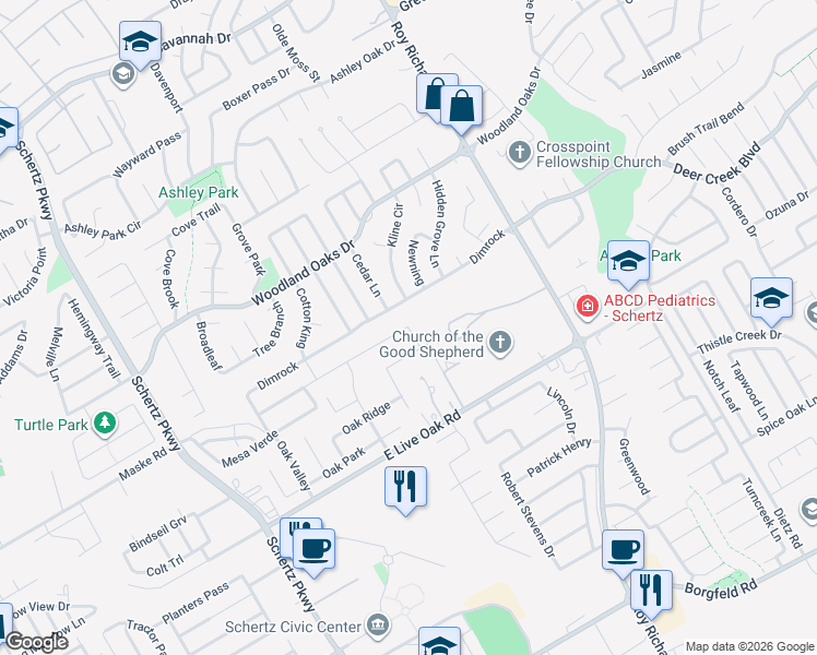 map of restaurants, bars, coffee shops, grocery stores, and more near Harper Run in Schertz