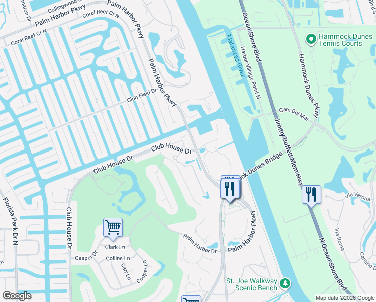 map of restaurants, bars, coffee shops, grocery stores, and more near 125 Clubhouse Drive in Palm Coast