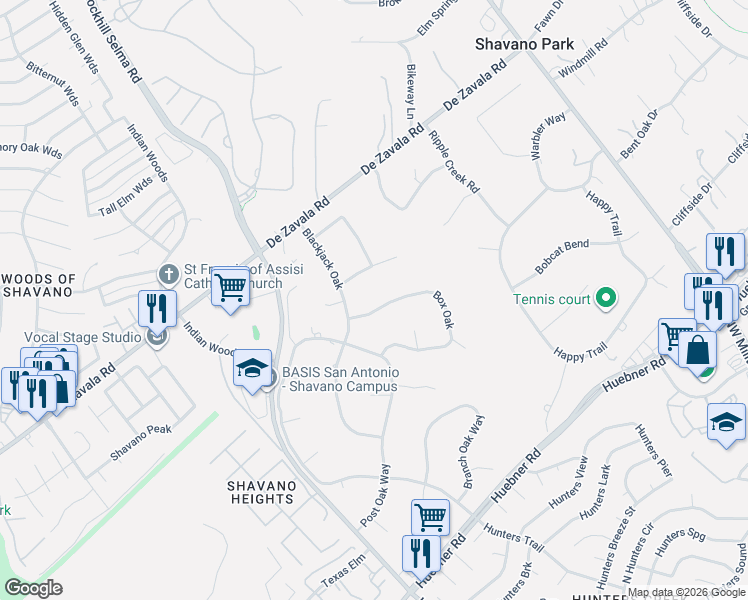 map of restaurants, bars, coffee shops, grocery stores, and more near 320 Box Oak in Shavano Park