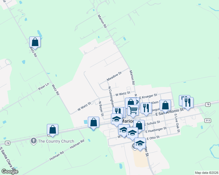map of restaurants, bars, coffee shops, grocery stores, and more near 602 North Cunningham Street in Marion