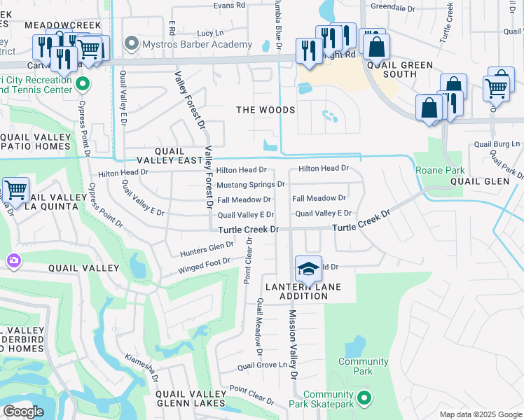 map of restaurants, bars, coffee shops, grocery stores, and more near 2003 Fall Meadow Drive in Missouri City