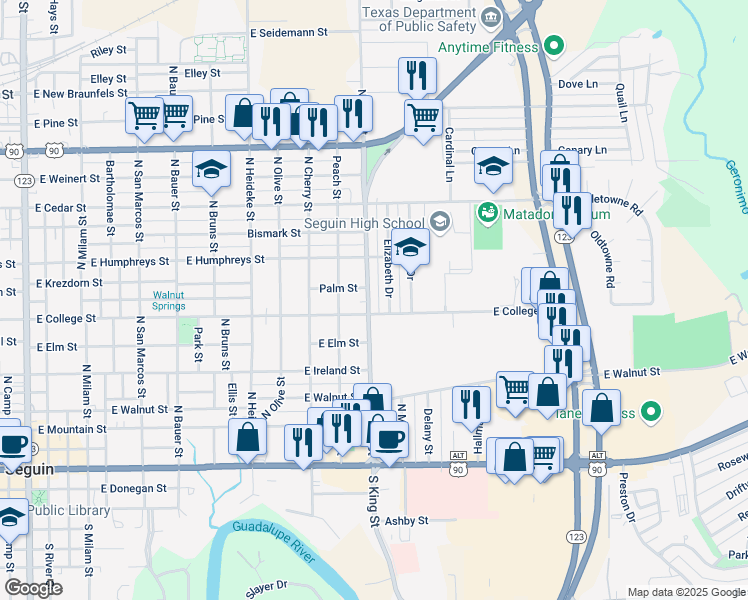 map of restaurants, bars, coffee shops, grocery stores, and more near 711 North King Street in Seguin