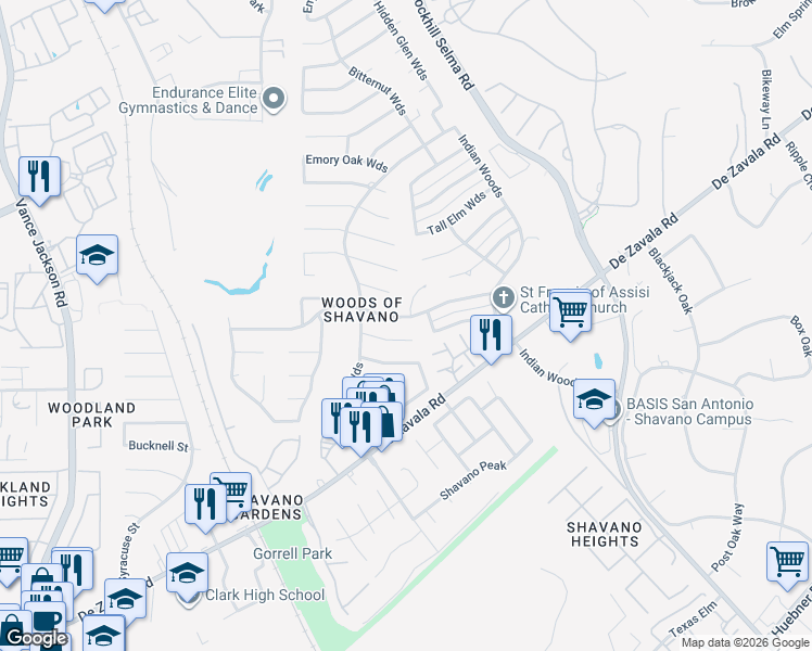 map of restaurants, bars, coffee shops, grocery stores, and more near 4406 Shavano Woods in San Antonio