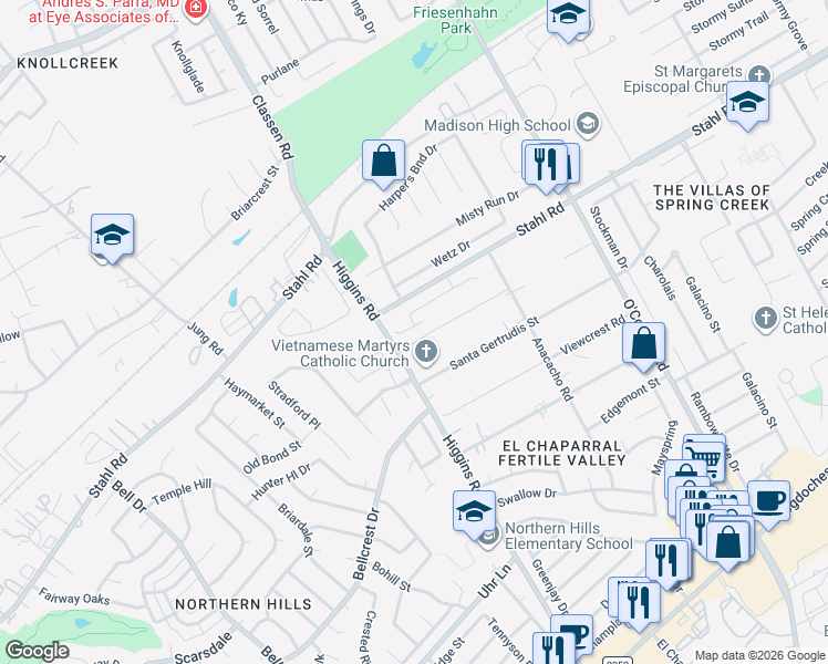map of restaurants, bars, coffee shops, grocery stores, and more near 4522 Adanac Court in San Antonio