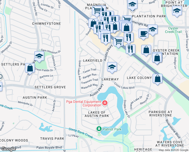 map of restaurants, bars, coffee shops, grocery stores, and more near 3010 Lakefield Way in Sugar Land