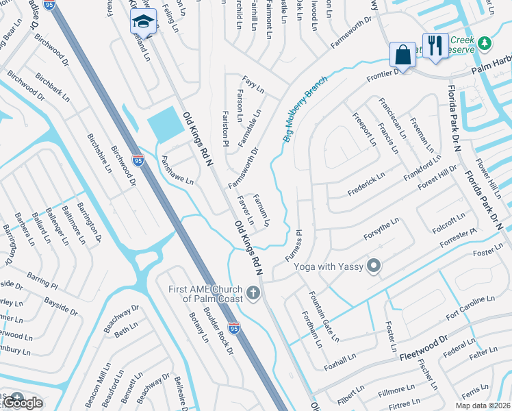 map of restaurants, bars, coffee shops, grocery stores, and more near 26 Farnum Lane in Palm Coast