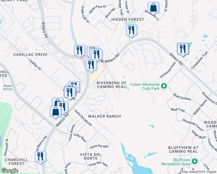 map of restaurants, bars, coffee shops, grocery stores, and more near 1106 River Vista West in San Antonio