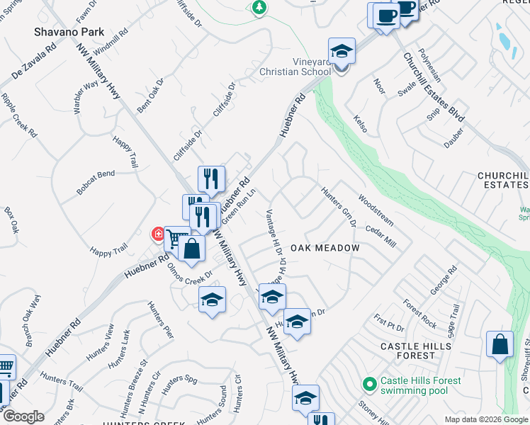 map of restaurants, bars, coffee shops, grocery stores, and more near 14330 Vantage Hill in San Antonio