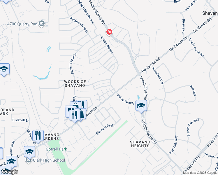 map of restaurants, bars, coffee shops, grocery stores, and more near 4307 Center Oak Woods Street in San Antonio