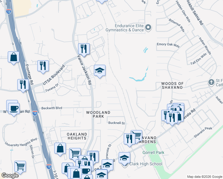 map of restaurants, bars, coffee shops, grocery stores, and more near 4911 Babson Street in San Antonio