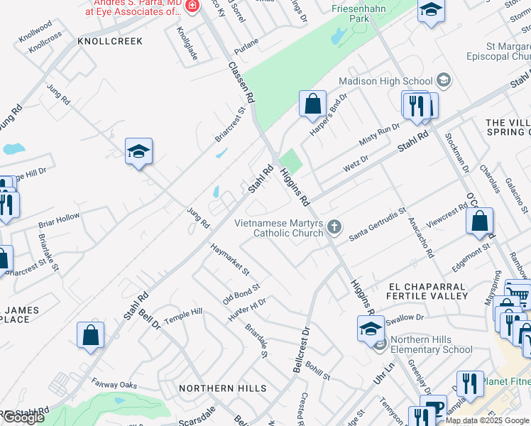 map of restaurants, bars, coffee shops, grocery stores, and more near 4438 Stahl Road in San Antonio