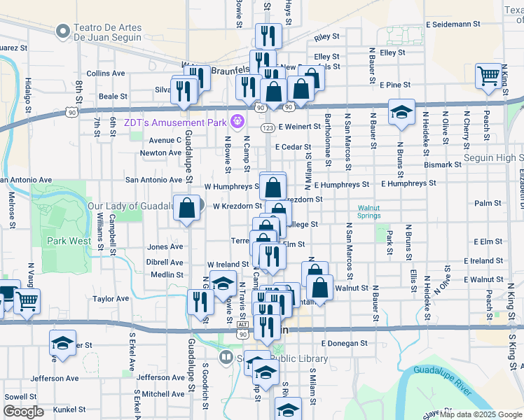 map of restaurants, bars, coffee shops, grocery stores, and more near 722 North Austin Street in Seguin